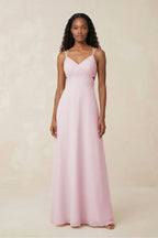 Robe demoiselle d’honneur candy pink longue col V sans manches effet drapé - Harana