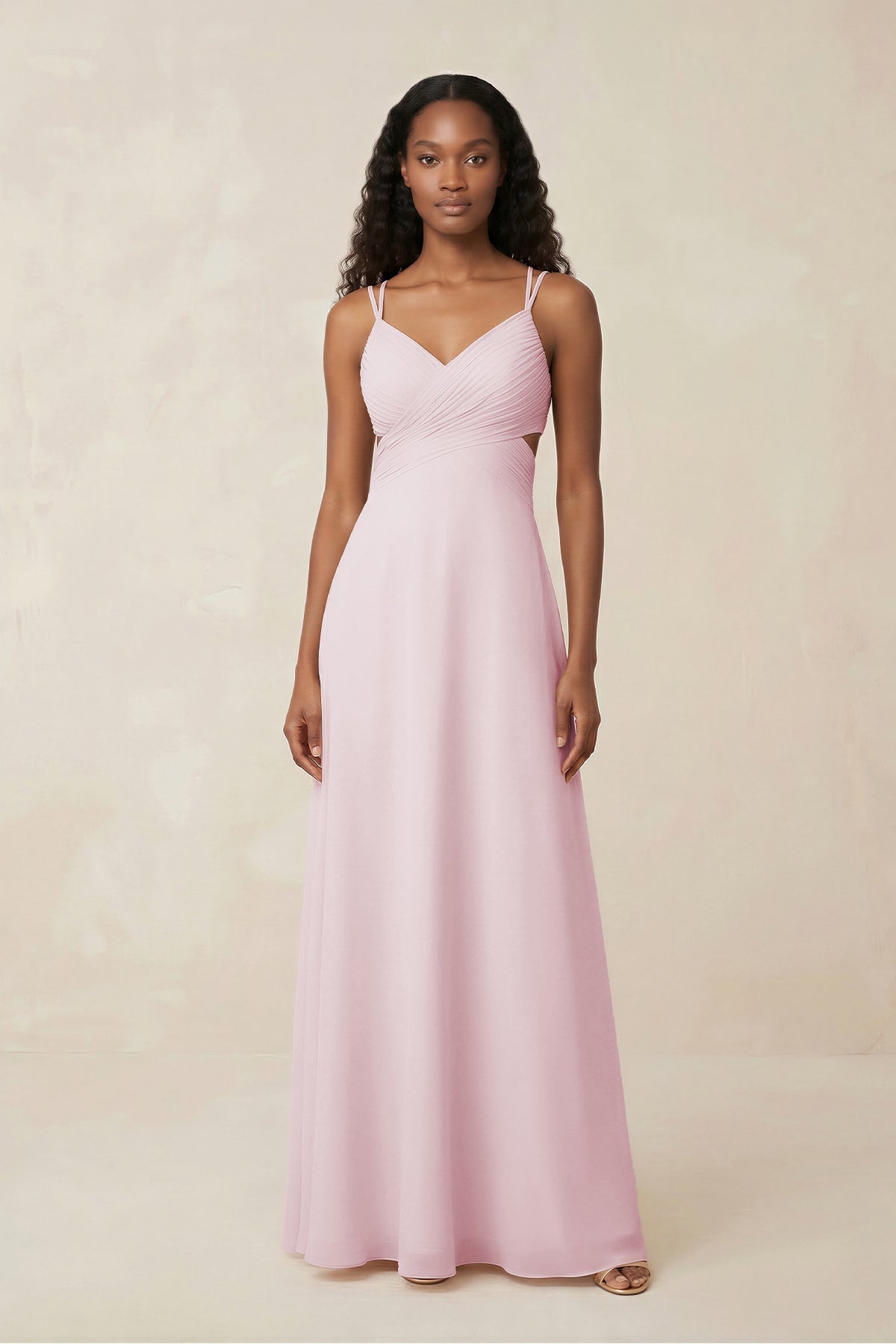 Robe demoiselle d’honneur candy pink longue col V sans manches effet drapé - Harana