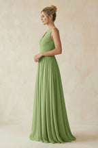 Robe demoiselle d’honneur matcha longue col V sans manches plissée - Harana