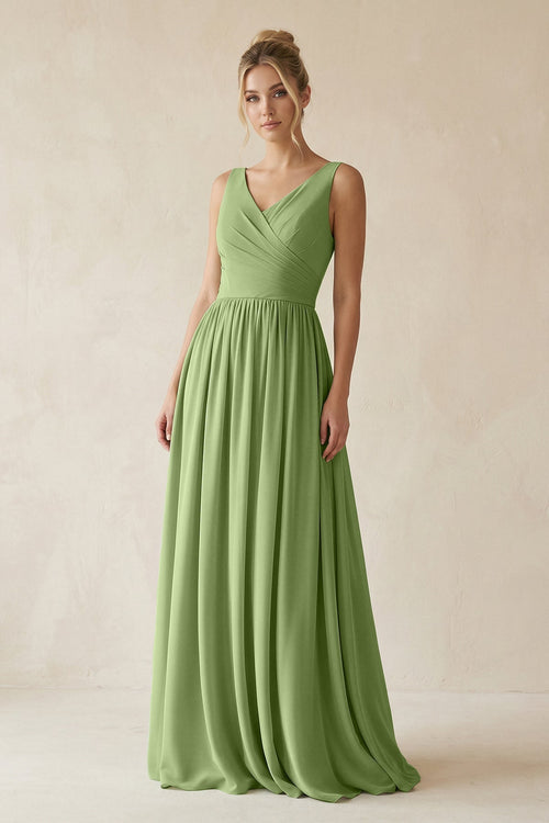 Robe de demoiselle d’honneur vert matcha longue en mousseline coupe trapèze à col V - Harana