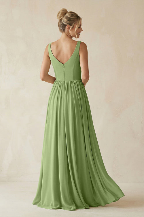 Robe de demoiselle d’honneur vert matcha longue en mousseline coupe trapèze à col V - Harana
