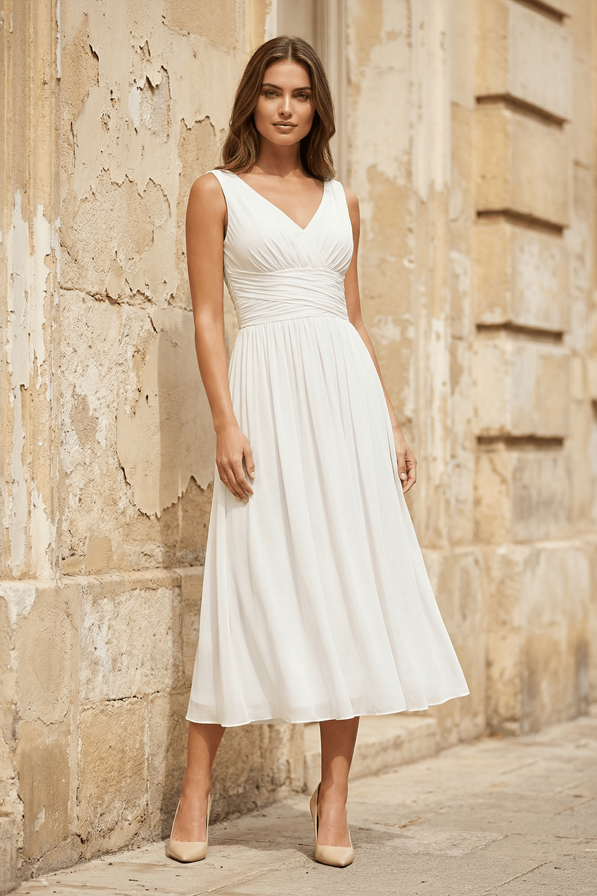 Robe de mariée blanche trapèze en mousseline à col V sans manches - Harana