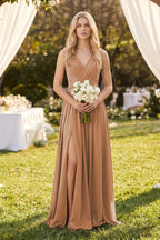 Robe demoiselle d’honneur bronzer longue col V sans manches avec fente - Harana