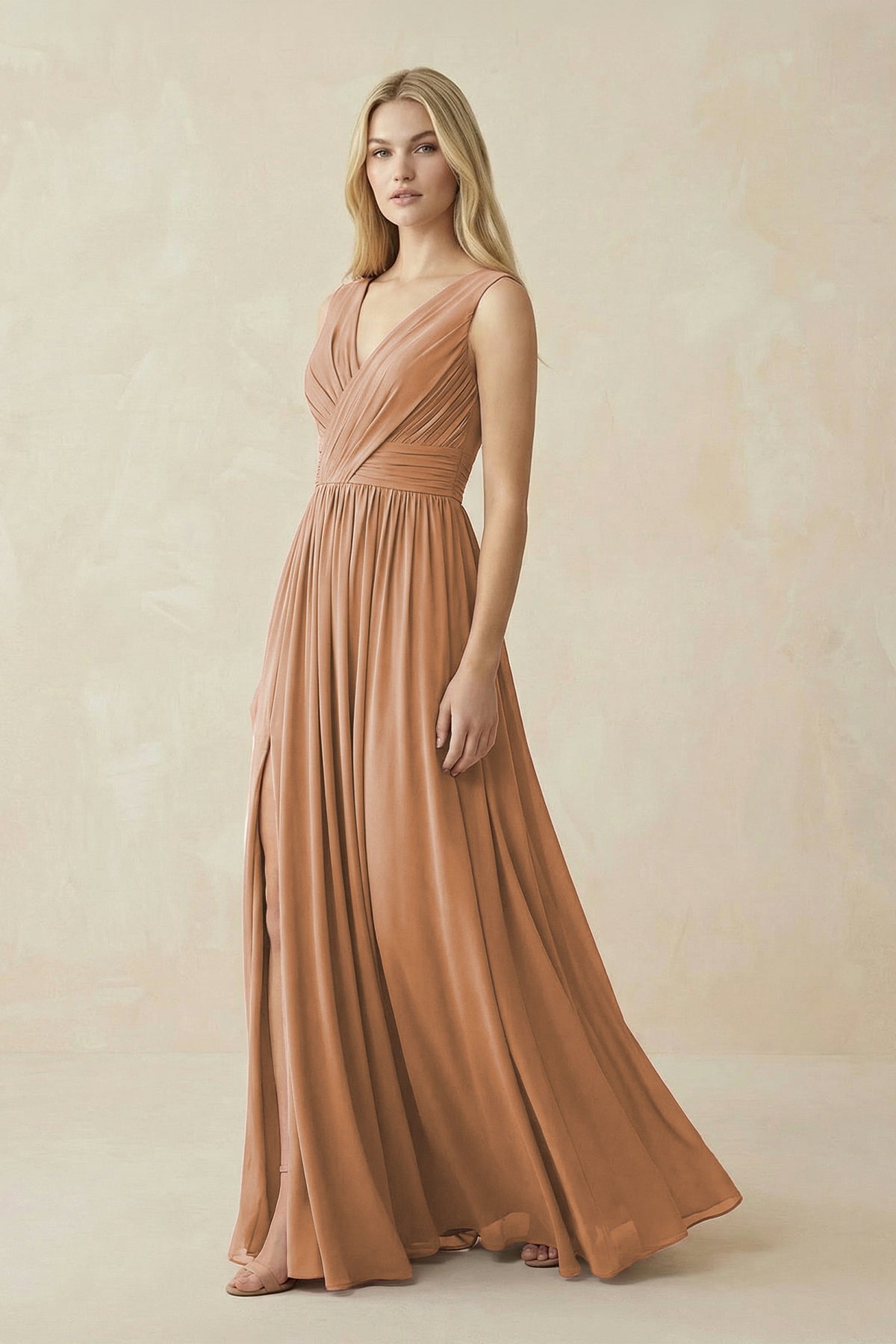Robe demoiselle d’honneur bronzer longue col V sans manches avec fente - Harana