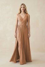 Robe demoiselle d’honneur bronzer longue col V sans manches avec fente - Harana