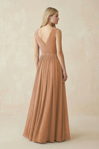 Robe demoiselle d’honneur bronzer longue col V sans manches avec fente - Harana