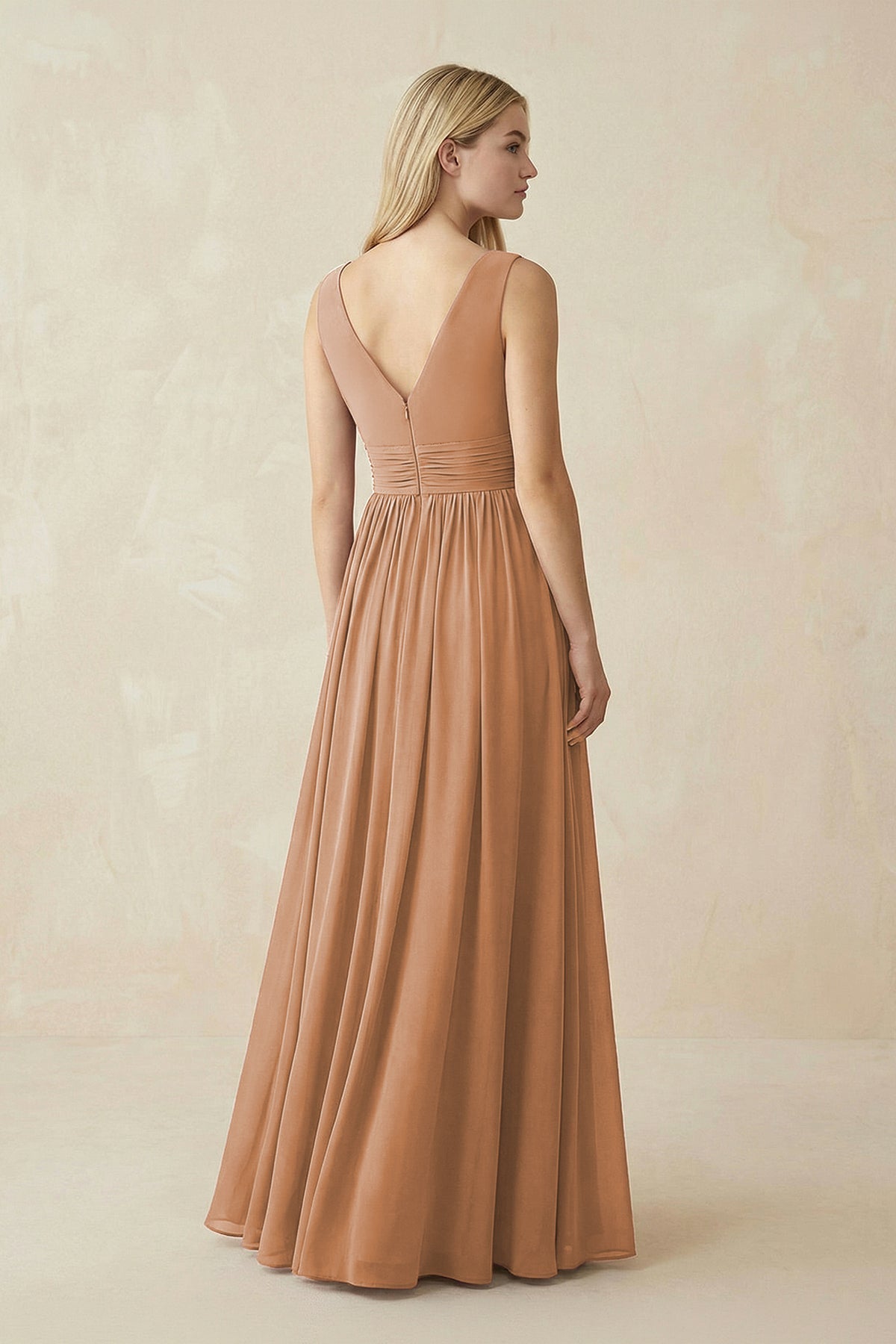 Robe demoiselle d’honneur bronzer longue col V sans manches avec fente - Harana