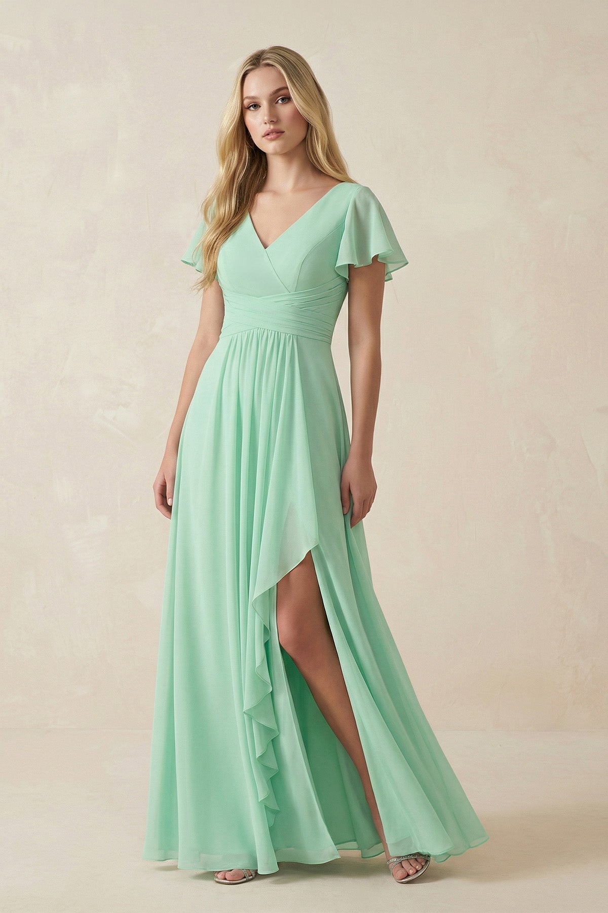 Robe demoiselle d’honneur pale pistachio longue col V avec fente en mousseline - Harana