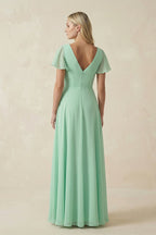 Robe demoiselle d’honneur pale pistachio longue col V avec fente en mousseline - Harana