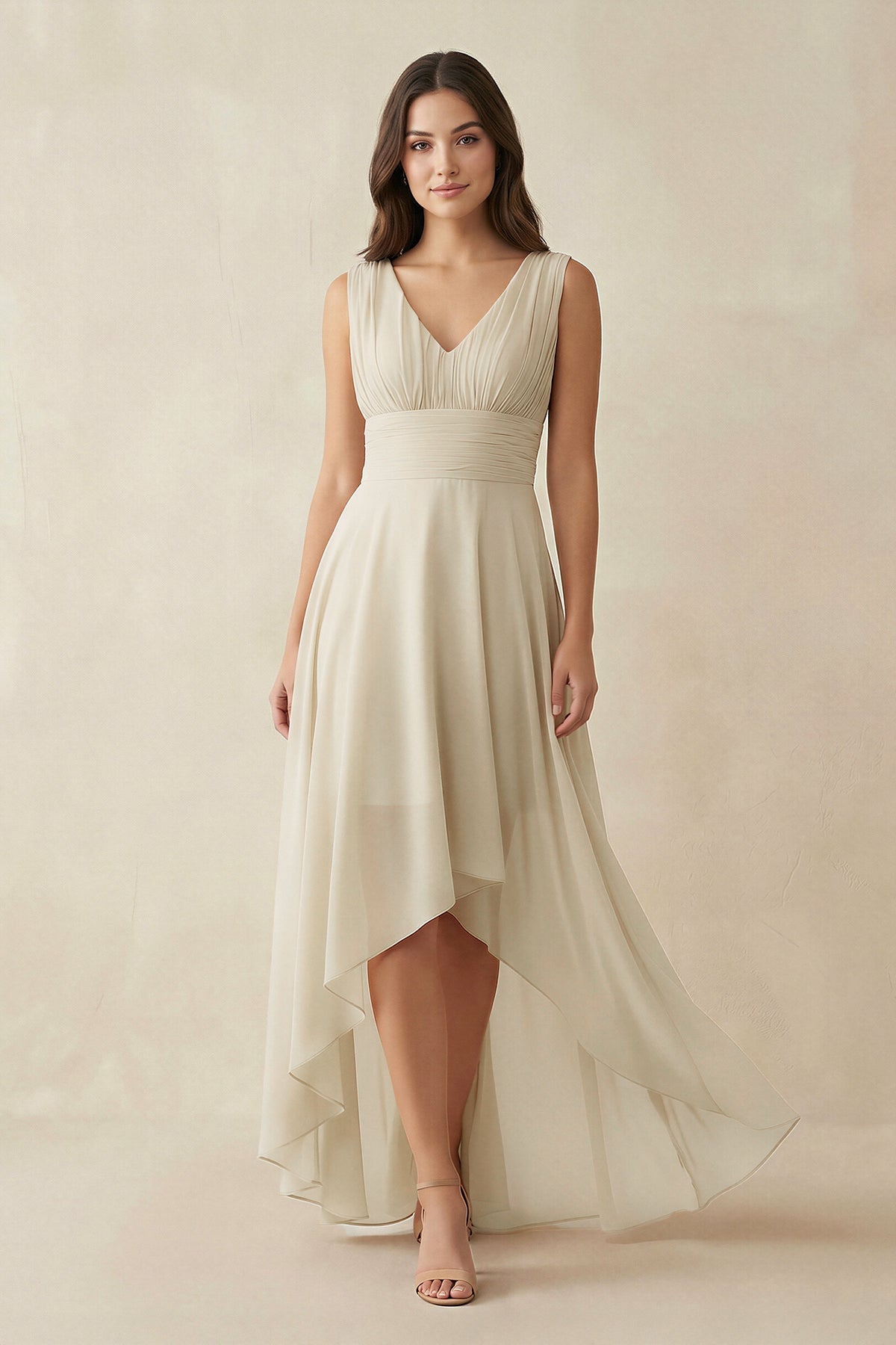 Robe demoiselle d’honneur champagne longue col V sans manches plissée - Harana