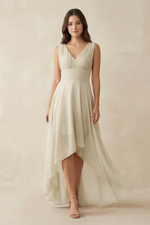 Robe de demoiselle d’honneur champagne longue en mousseline à col V avec ourlet asymétrique - Harana