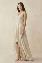 Robe demoiselle d’honneur champagne longue col V sans manches plissée - Harana