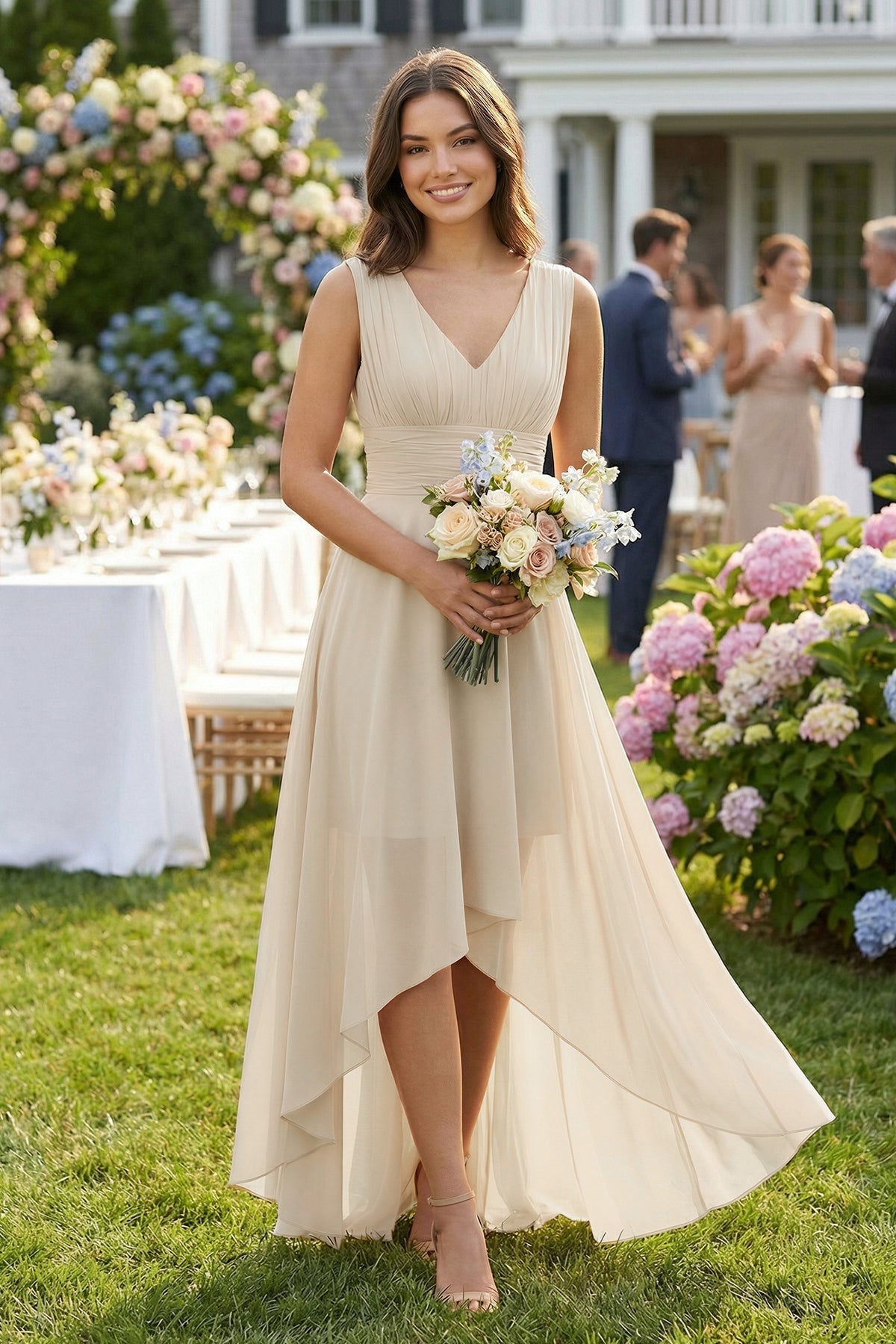 Robe demoiselle d’honneur champagne longue col V sans manches plissée - Harana