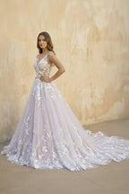 Robe de mariée lavande longue col V sans manches à dentelle - Harana