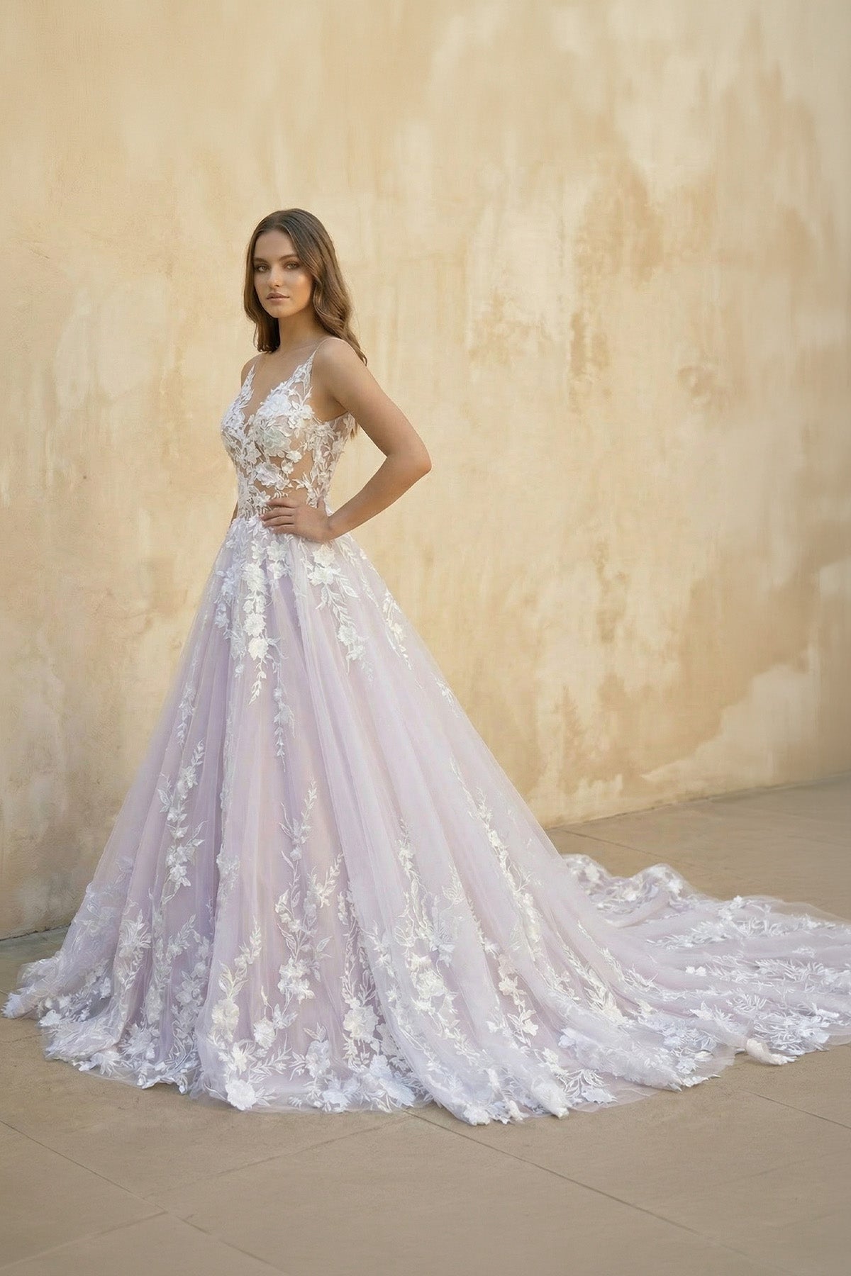 Robe de mariée lavande longue col V sans manches à dentelle - Harana