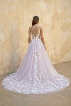 Robe de mariée lavande longue col V sans manches à dentelle - Harana