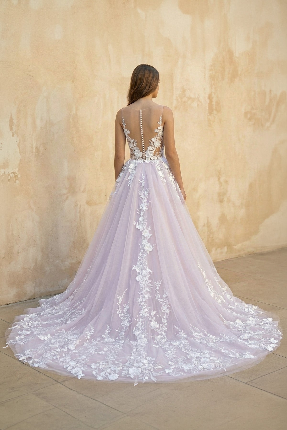 Robe de mariée lavande longue col V sans manches à dentelle - Harana