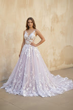 Robe de mariée lavande longue col V sans manches à dentelle - Harana