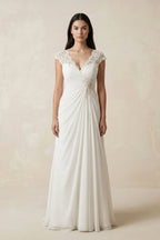 Robe de mariée ivoire trapèze en mousseline à col V plissée - Harana