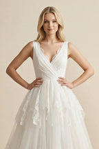 Robe de mariée ivoire longue col V sans manches froncée - Harana