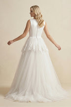 Robe de mariée ivoire longue col V sans manches froncée - Harana