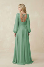 Robe demoiselle d’honneur vert d’eau longue col V manches longues avec fente - Harana