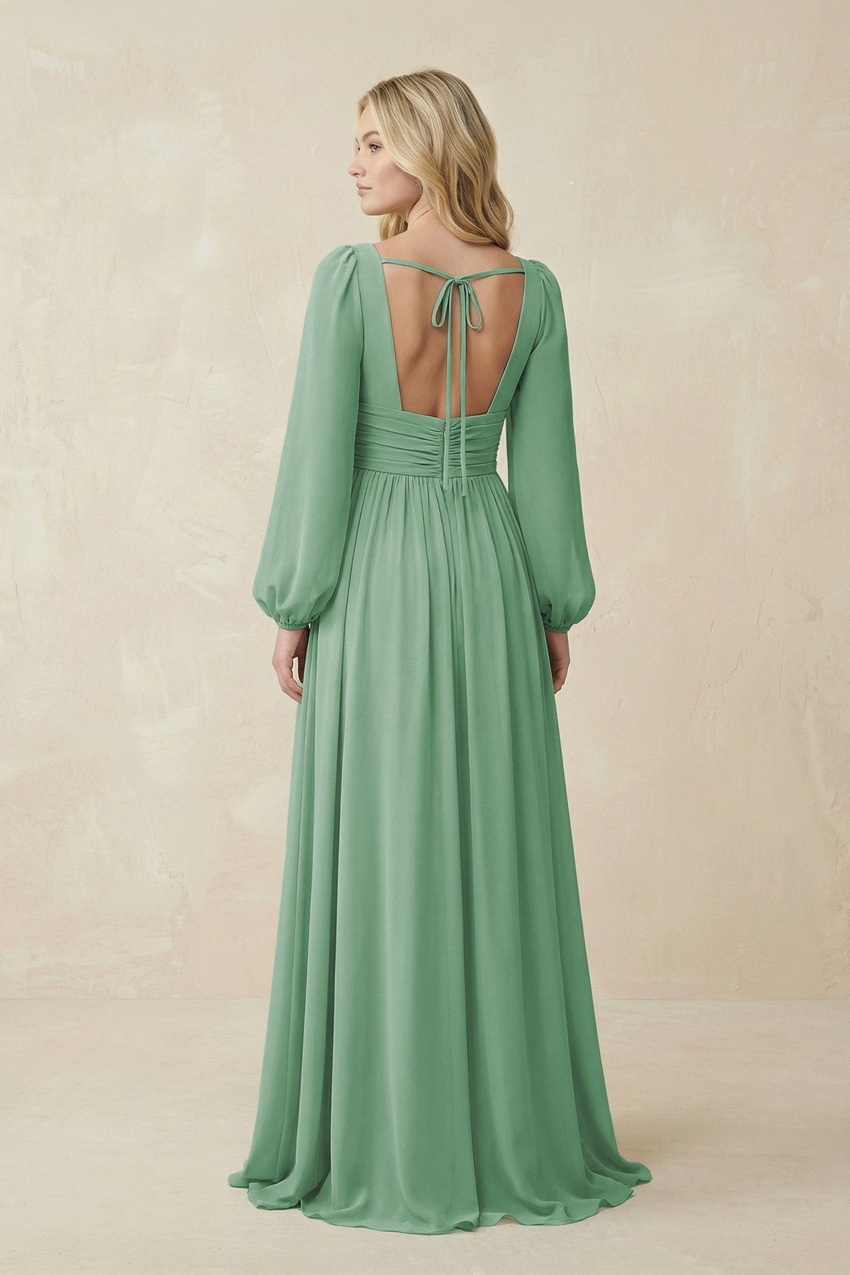 Robe demoiselle d’honneur vert d’eau longue col V manches longues avec fente - Harana