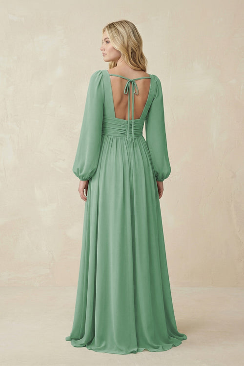 Robe de demoiselle d’honneur vert d’eau longue en mousseline coupe trapèze à col V et manches longues - Harana