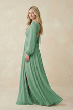 Robe demoiselle d’honneur vert d’eau longue col V manches longues avec fente - Harana