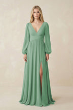 Robe demoiselle d’honneur vert d’eau longue col V manches longues avec fente - Harana