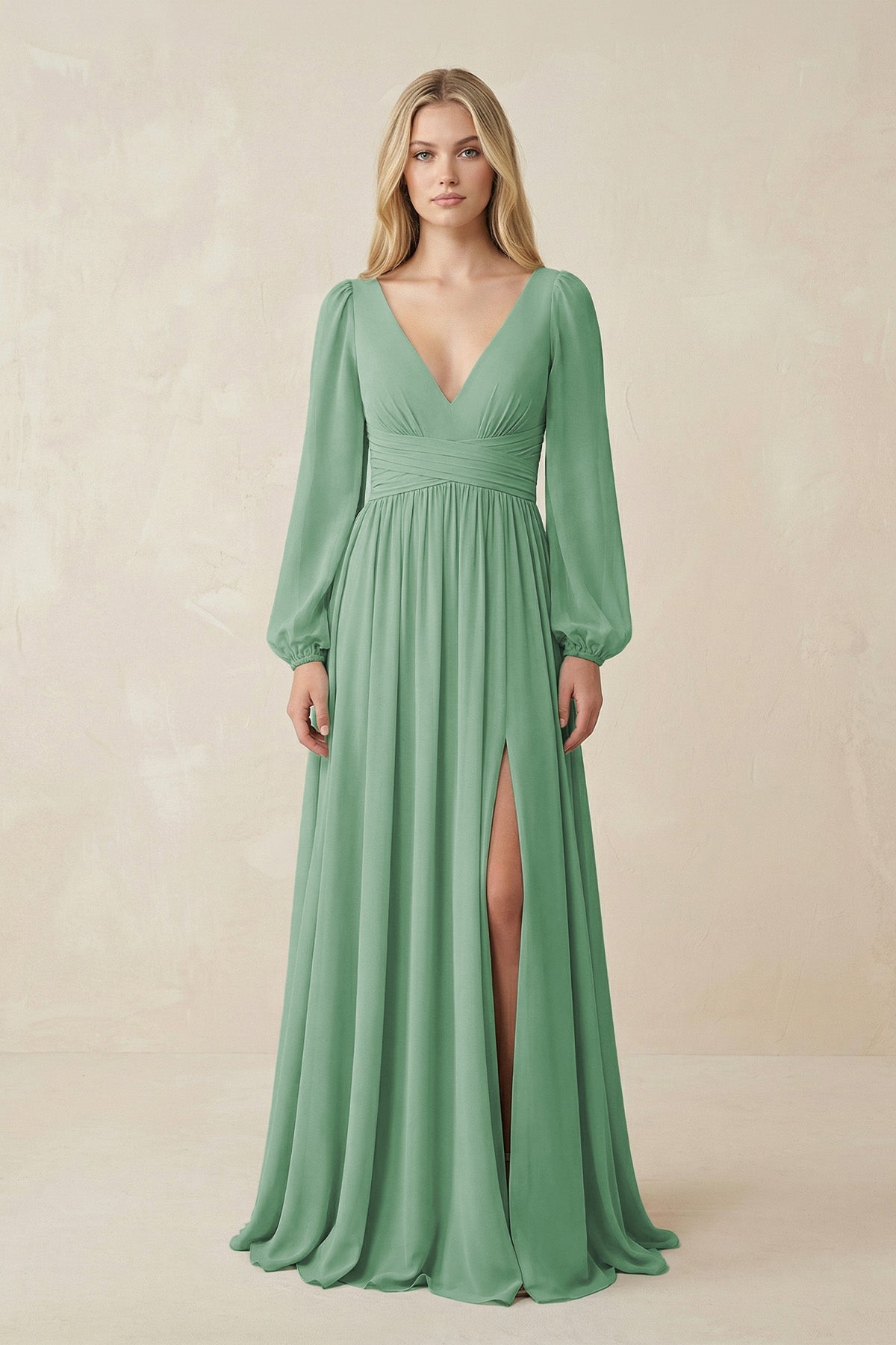 Robe demoiselle d’honneur vert d’eau longue col V manches longues avec fente - Harana