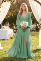 Robe demoiselle d’honneur vert d’eau longue col V manches longues avec fente - Harana