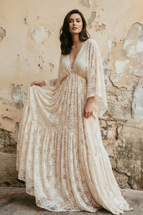 Robe de mariée blanche et nude trapèze en dentelle à col V - Harana