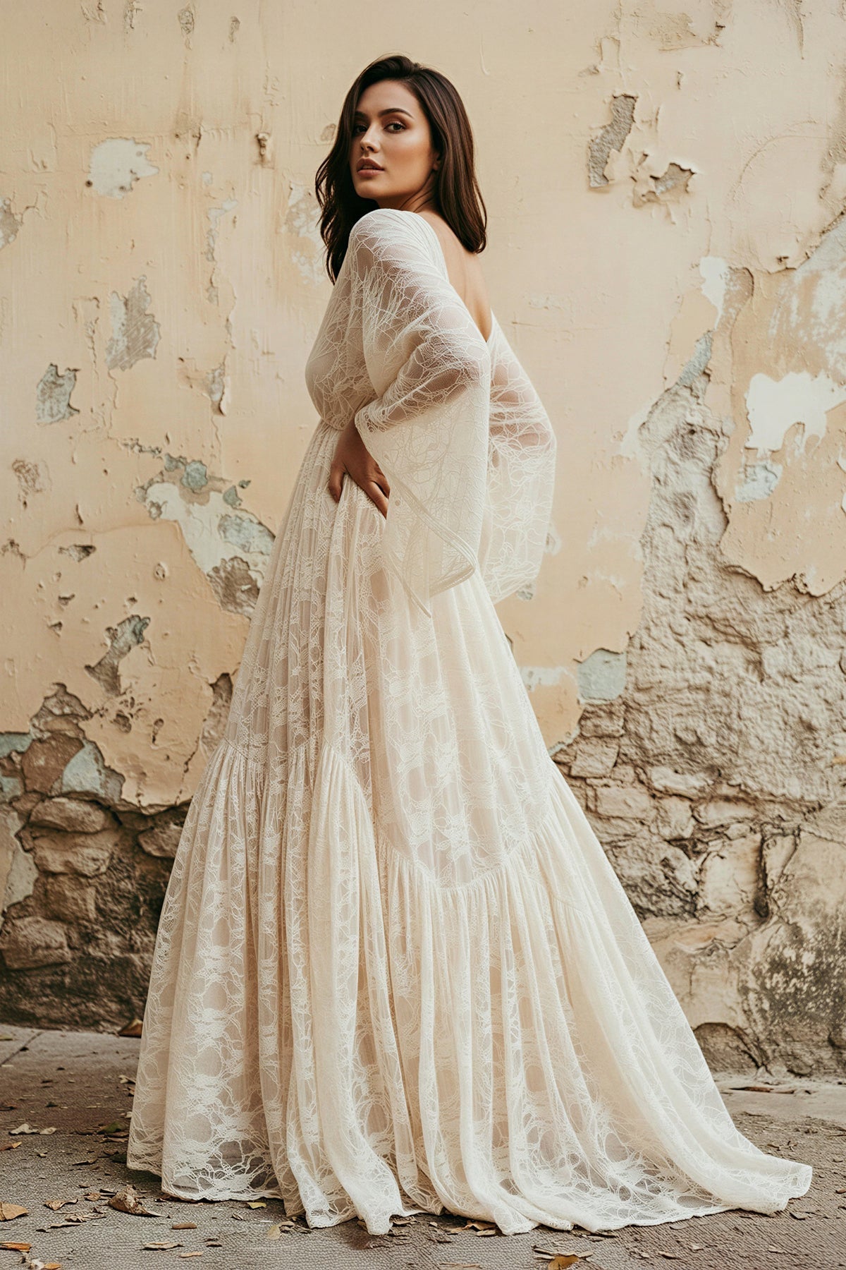 Robe de mariée blanche et nude trapèze en dentelle à col V - Harana