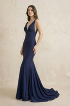 Robe longue bleu marine coupe sirène perlée - Harana