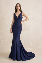 Robe longue bleu marine coupe sirène perlée - Harana