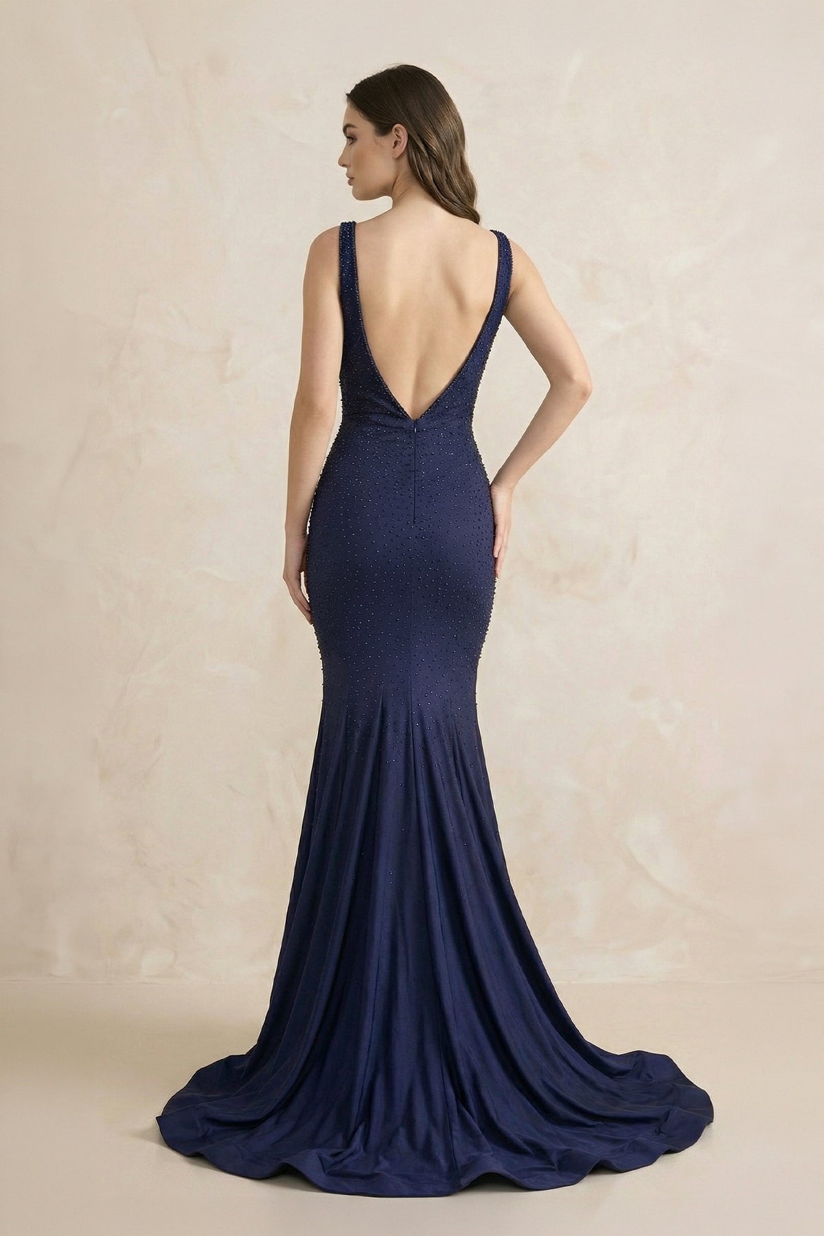 Robe longue bleu marine coupe sirène perlée - Harana