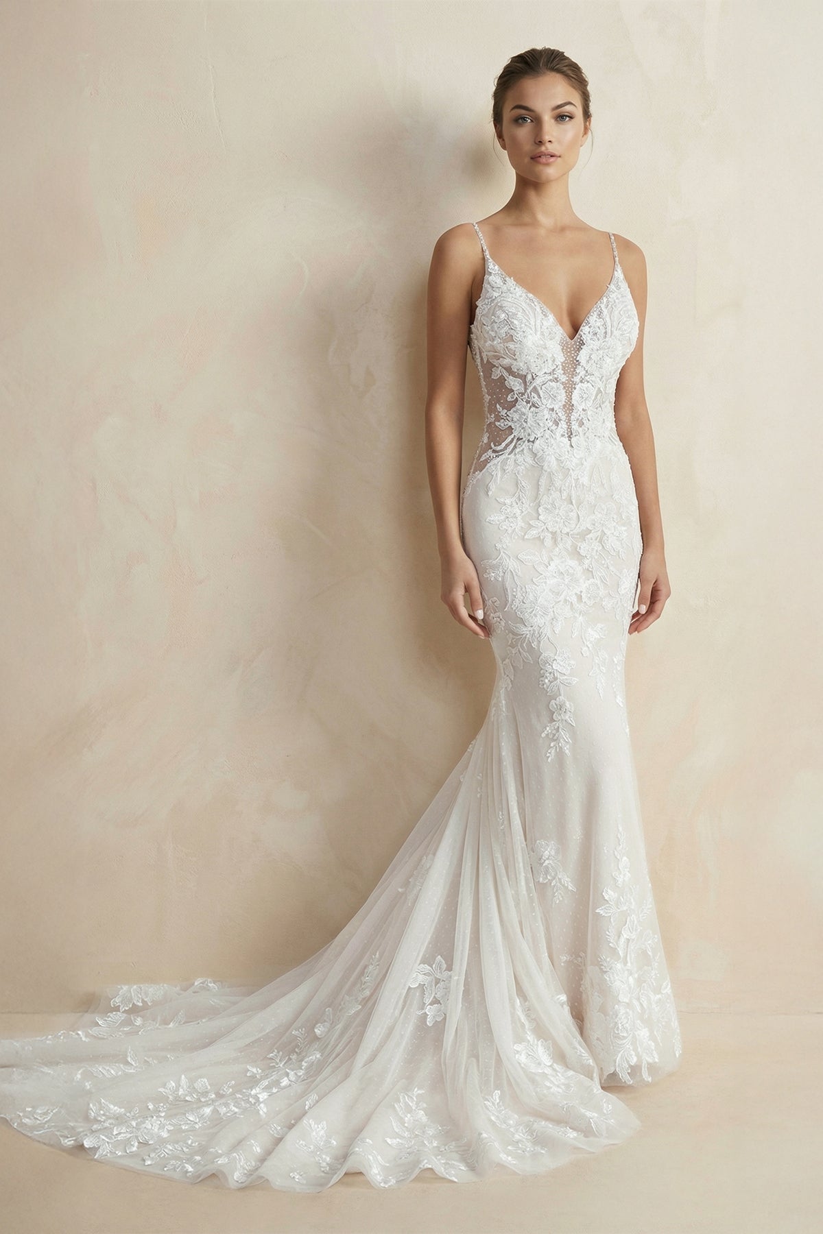 Robe de mariée blanche en dentelle silhouette sirène à col V ornée d’appliqués - Harana