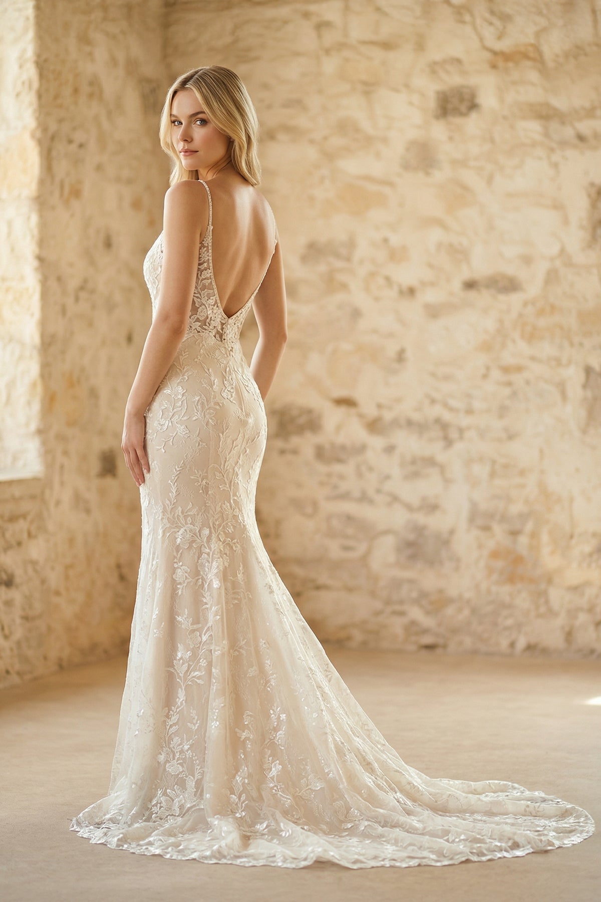 Robe de mariée blanche et nude en dentelle coupe sirène à col V - Harana