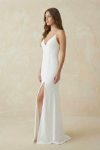 Robe de mariée blanche sirène satinée col V dos nu avec fente - Harana