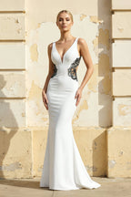 Robe de mariée noire et blanche satinée coupe sirène à col V - Harana