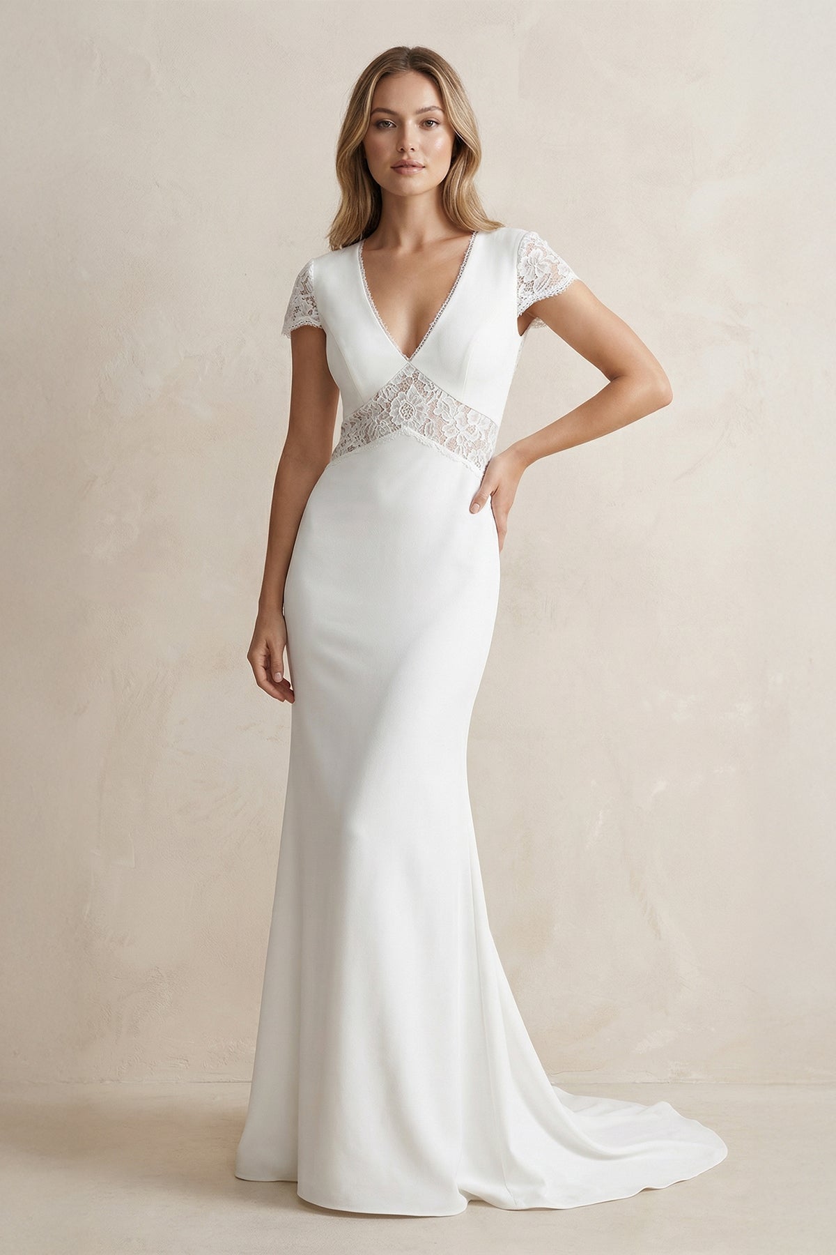 Robe de mariée blanche satinée coupe sirène à col V et manches courtes - Harana