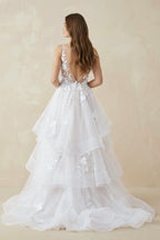 Robe de mariée blanc longue col V sans manches coupe trapèze - Harana