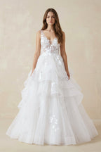 Robe de mariée blanc longue col V sans manches coupe trapèze - Harana