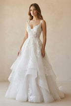 Robe de mariée blanc longue col V sans manches coupe trapèze - Harana