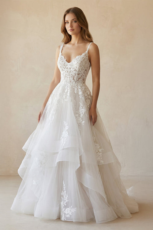 Robe de mariée blanc longue col V sans manches coupe trapèze - Harana