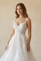 Robe de mariée blanc longue col V sans manches coupe trapèze - Harana