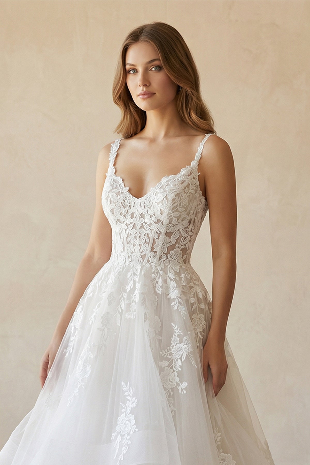 Robe de mariée blanc longue col V sans manches coupe trapèze - Harana