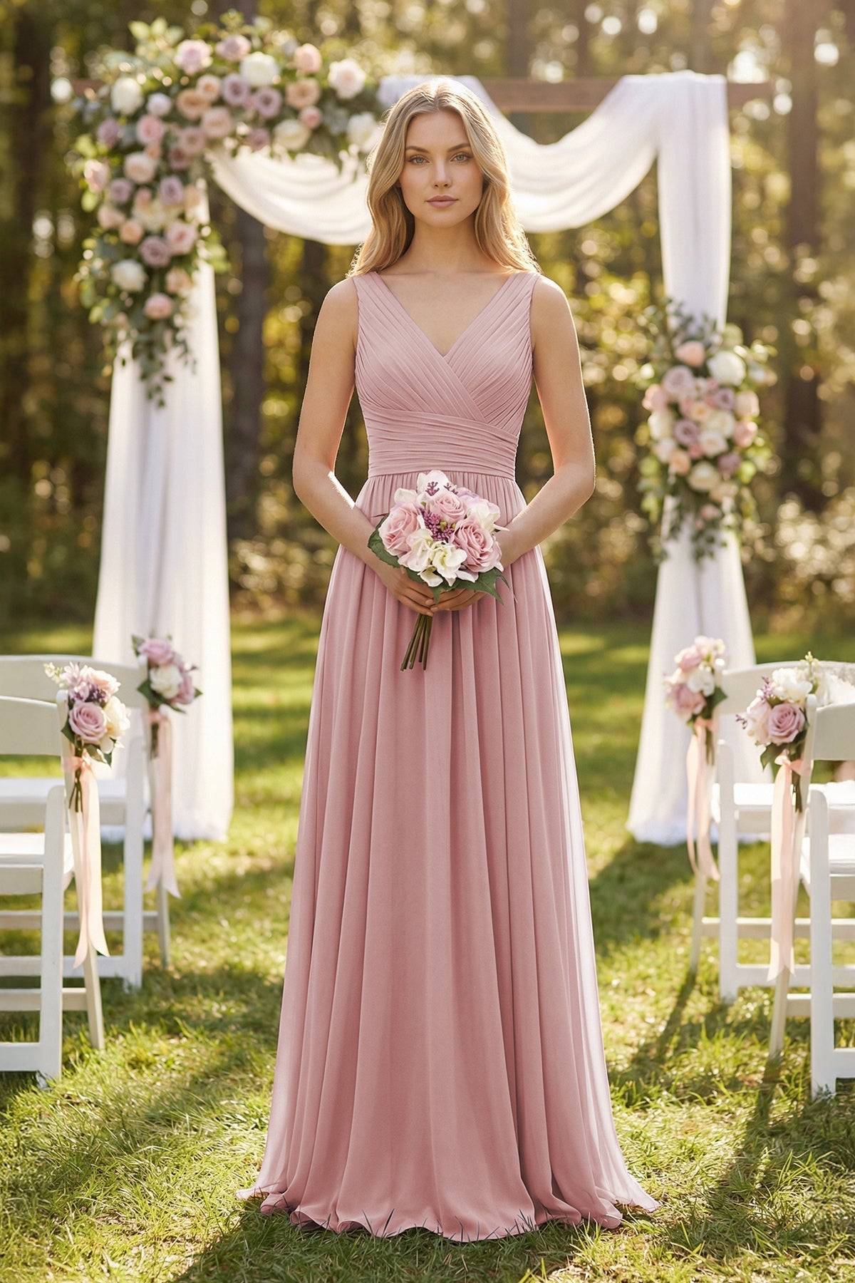Robe demoiselle d’honneur rose poudré longue col V sans manches plissée - Harana