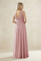 Robe demoiselle d’honneur rose poudré longue col V sans manches plissée - Harana
